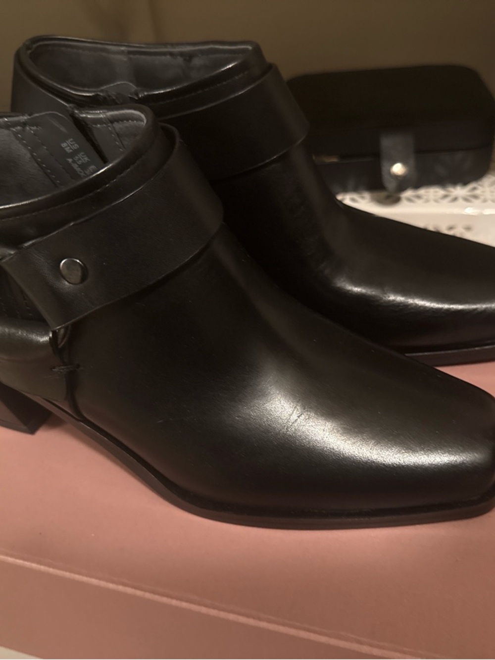 Franco Sarto Black Leather Ankle Booties with Strap Detail